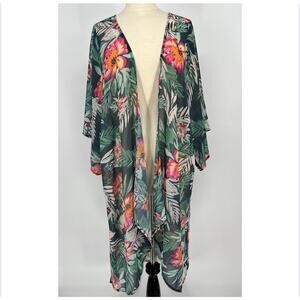 Mary and Mabel Kimono Top Cover Tropical Floral S/M Green Pink Open Sheer Long